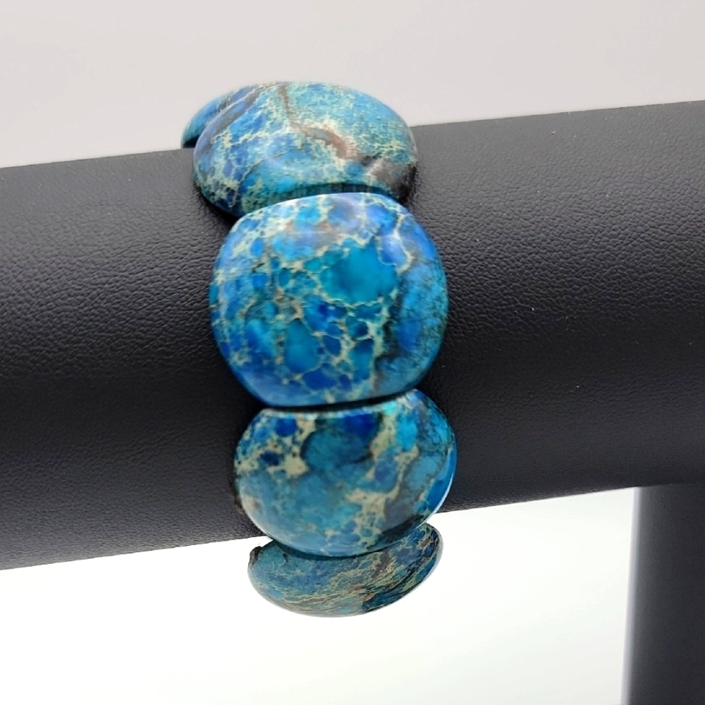 26x21mm Blue Sea Agate Sediment Natural Gemstone Crystal Stretch Bracelet 49g